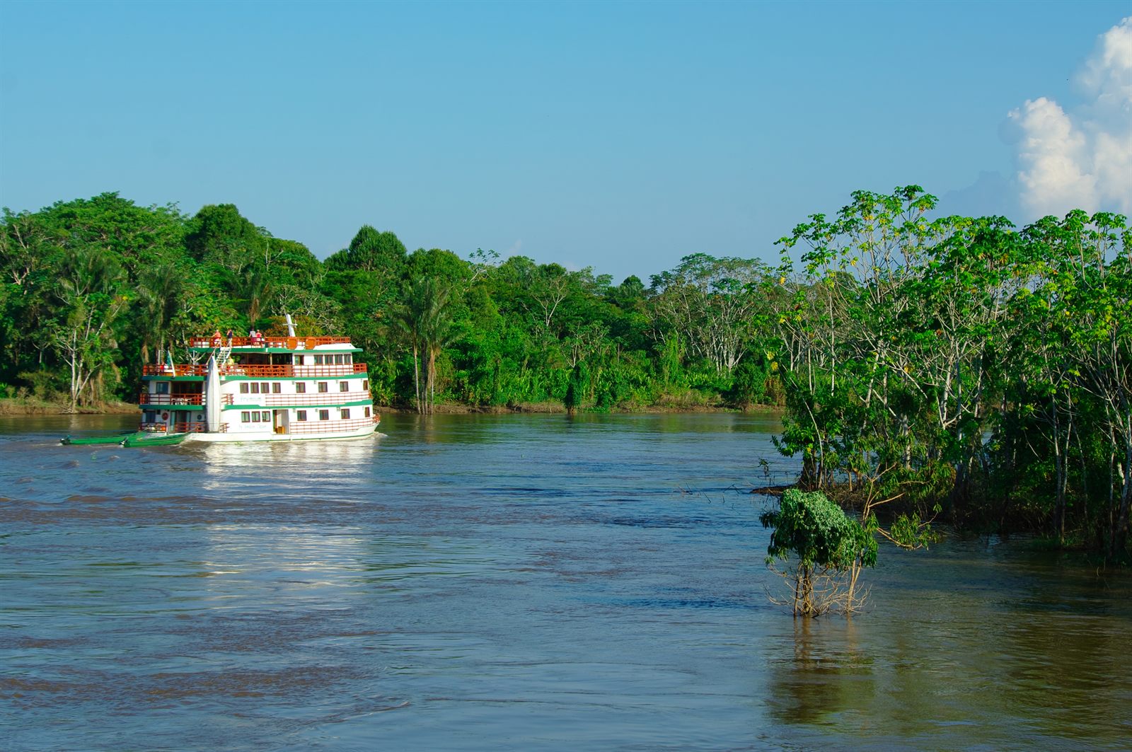 White riverboat on a wide brown stretch of the Amazon lined with rainforest