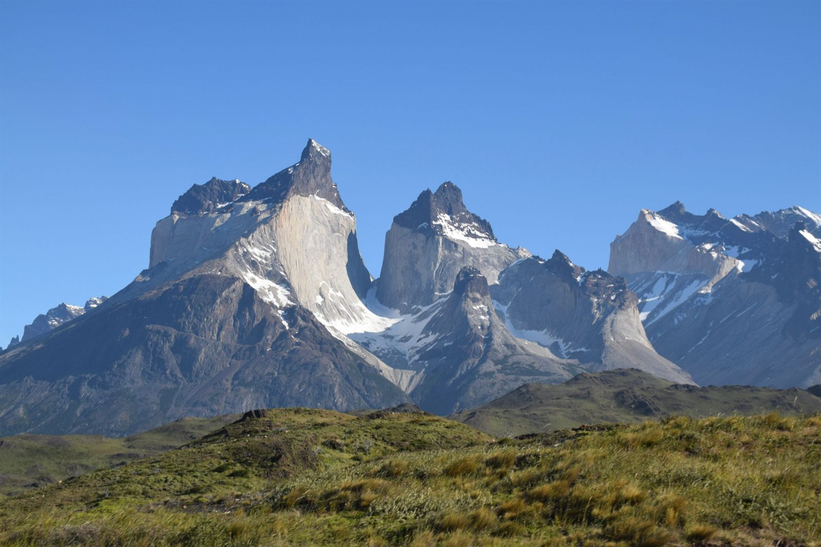 Granite horns of the Paine massif rising above grassland in Chilean Patagonia